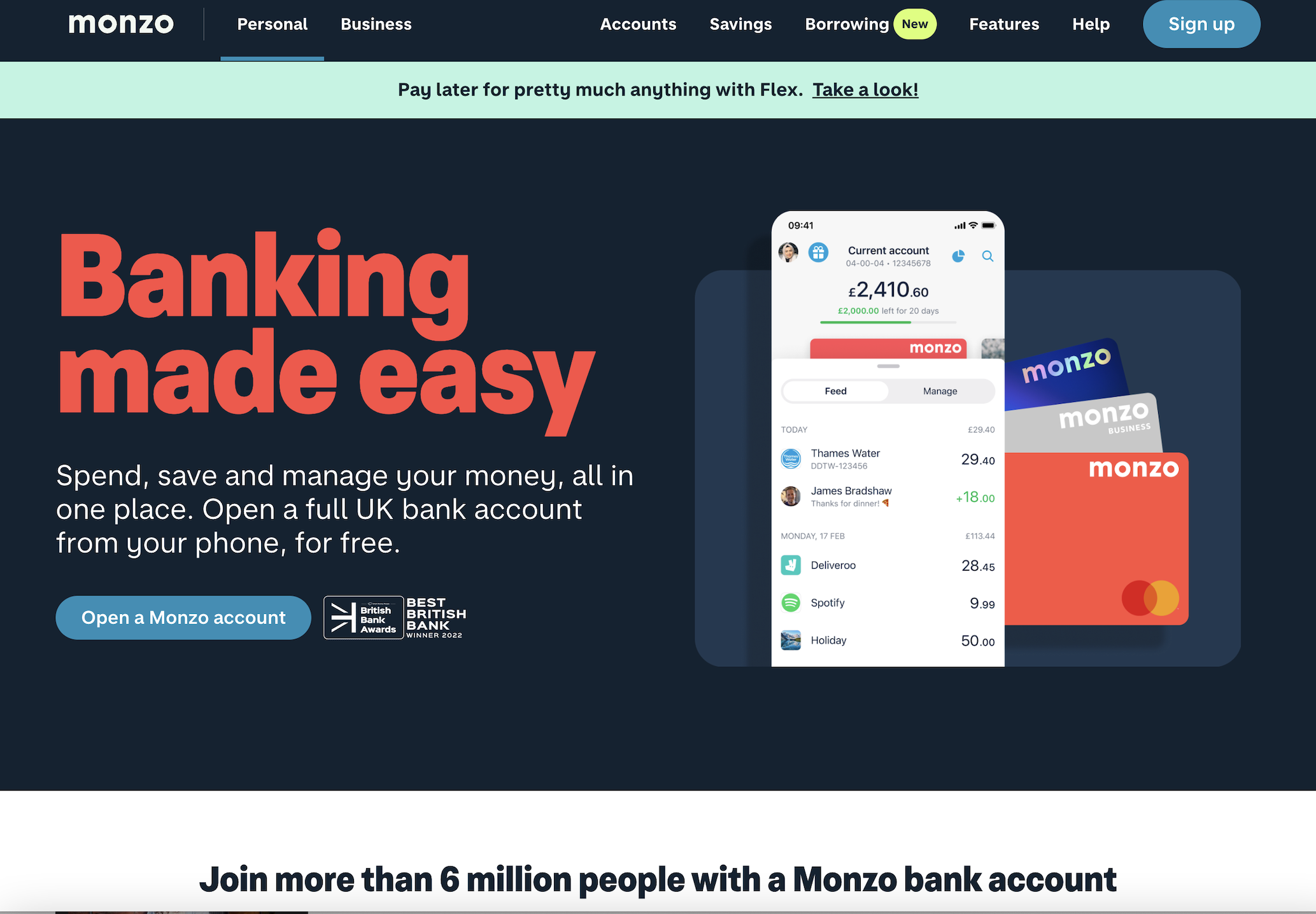Monzo personal banking page 